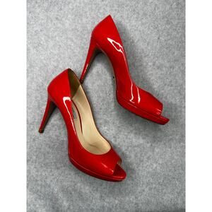 Prada Red Patent Leather Peep Toe Pumps Size 38 Made in Italy